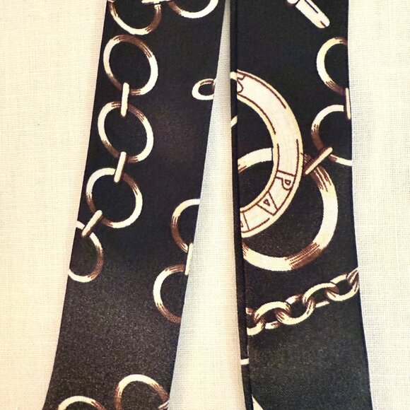 Black Chain Print Slim Silk Scarf Equestrian Glam Minimal Style No22 - Picture 5 of 8